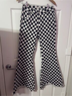Checkerboard Flare Jeans in Black & White - Unbranded